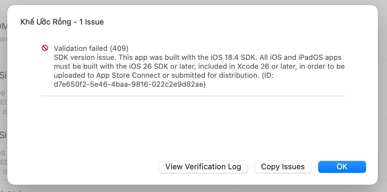App Store Connect validation 409 — SDK version issue